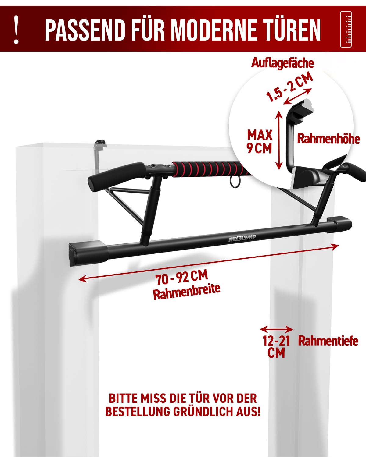 NEOLYMP Klimmzugstange Türrahmen ohne Schrauben mit Pull up Bar E-Book - Klimmzugstange Tür zum Einhängen für sicheren Halt bei Klimmzügen bis zu 200kg