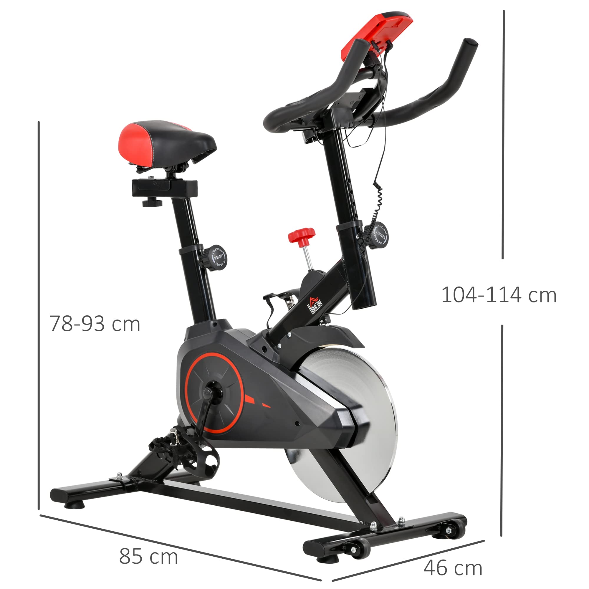 HOMCOM Heimtrainer Fahrrad, Fitness Fahrrad mit Pulsmesser, LCD Display, Ipad Halter, Einstellbar Sitz & Widerstand, Fahrradtrainer Fitnessfahrrad für Zuhause, Indoor Kardio Training 85 x 46 x 114 cm