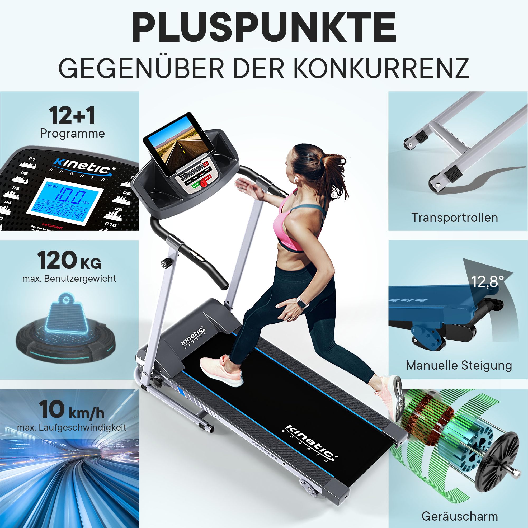 KINETIC SPORTS Elektrisches Laufband KST2700FX, Klappbares Laufband für Zuhause bis 10 km/h - Kraftvoller 1PS Motor, Tablet-Halterung, 12+1 Programme, LCD-Display, GEH- und Lauftraining, bis 120 kg