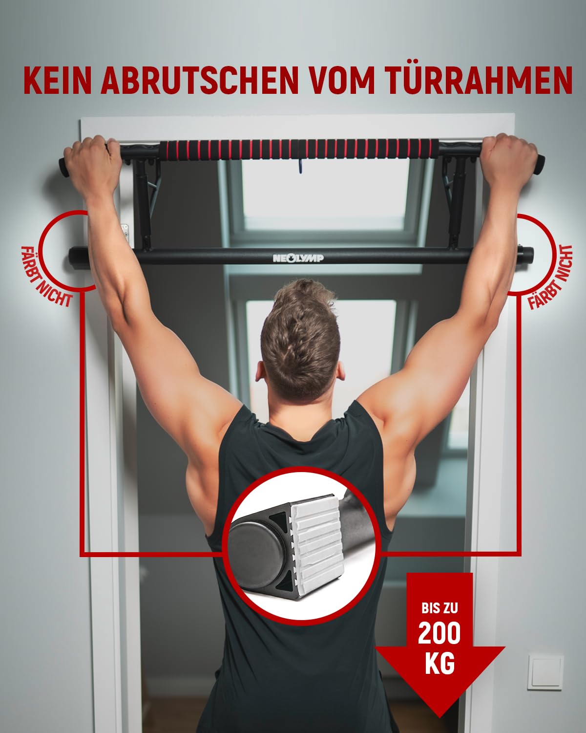 NEOLYMP Klimmzugstange Türrahmen ohne Schrauben mit Pull up Bar E-Book - Klimmzugstange Tür zum Einhängen für sicheren Halt bei Klimmzügen bis zu 200kg