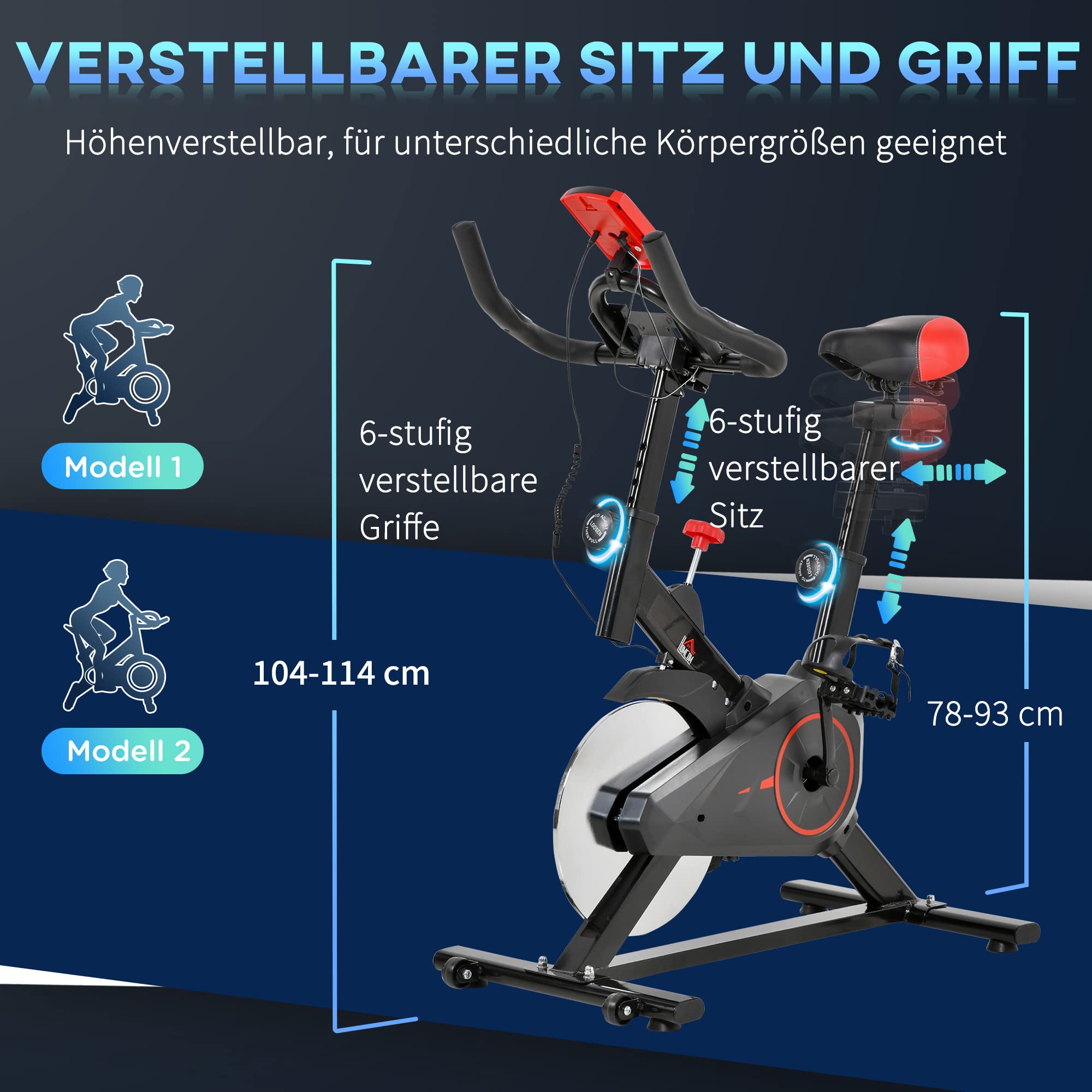 HOMCOM Heimtrainer Fahrrad, Fitness Fahrrad mit Pulsmesser, LCD Display, Ipad Halter, Einstellbar Sitz & Widerstand, Fahrradtrainer Fitnessfahrrad für Zuhause, Indoor Kardio Training 85 x 46 x 114 cm