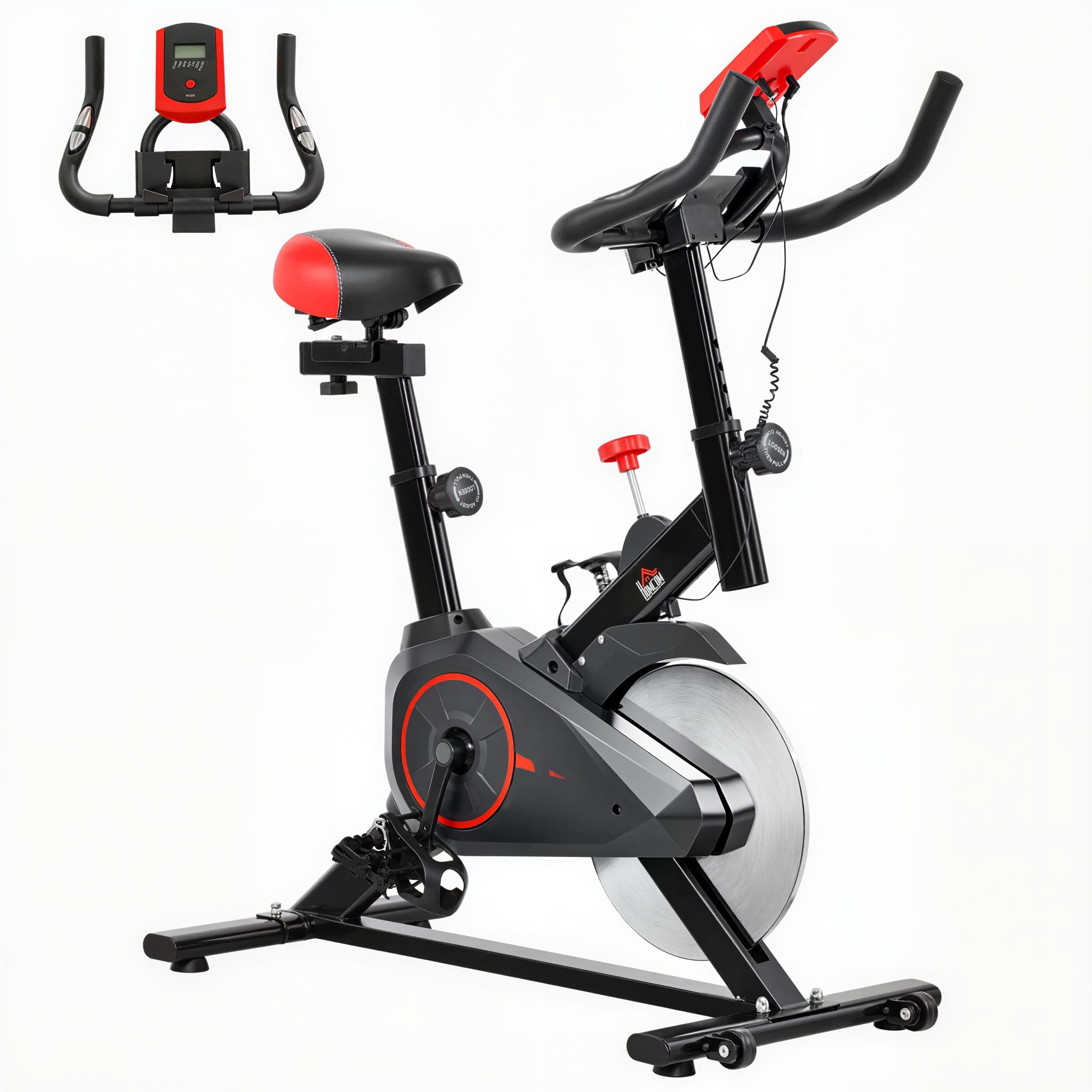 HOMCOM Heimtrainer Fahrrad, Fitness Fahrrad mit Pulsmesser, LCD Display, Ipad Halter, Einstellbar Sitz & Widerstand, Fahrradtrainer Fitnessfahrrad für Zuhause, Indoor Kardio Training 85 x 46 x 114 cm