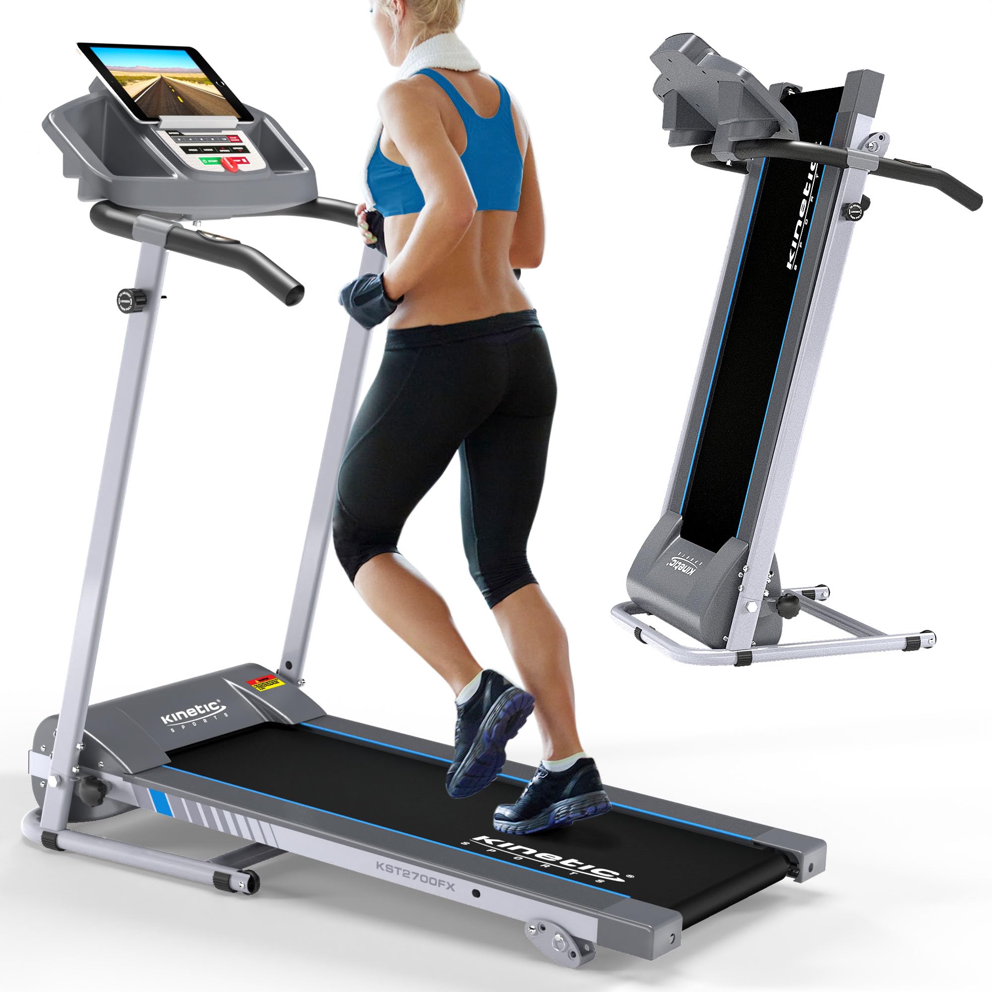 KINETIC SPORTS Elektrisches Laufband KST2700FX, Klappbares Laufband für Zuhause bis 10 km/h - Kraftvoller 1PS Motor, Tablet-Halterung, 12+1 Programme, LCD-Display, GEH- und Lauftraining, bis 120 kg
