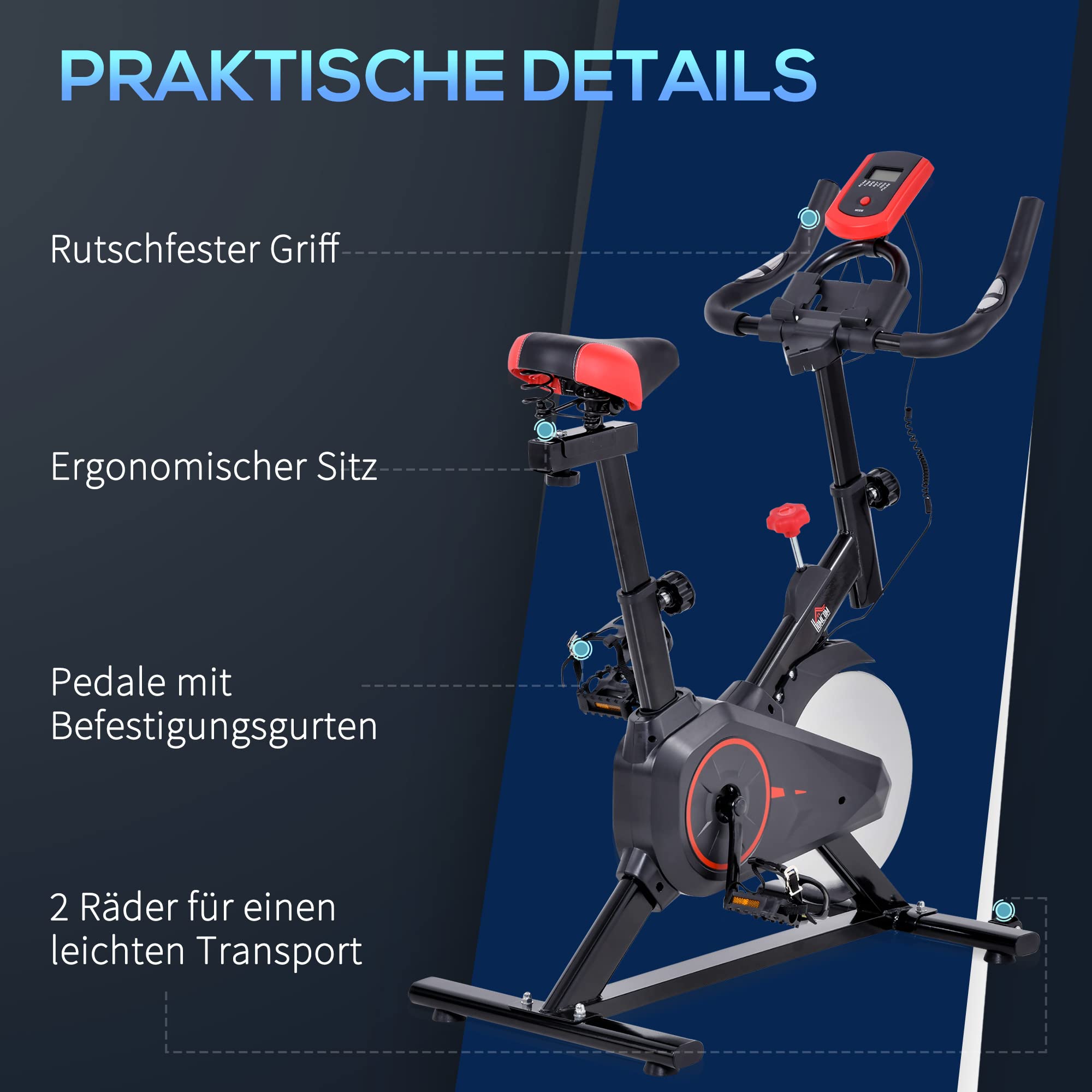 HOMCOM Heimtrainer Fahrrad, Fitness Fahrrad mit Pulsmesser, LCD Display, Ipad Halter, Einstellbar Sitz & Widerstand, Fahrradtrainer Fitnessfahrrad für Zuhause, Indoor Kardio Training 85 x 46 x 114 cm
