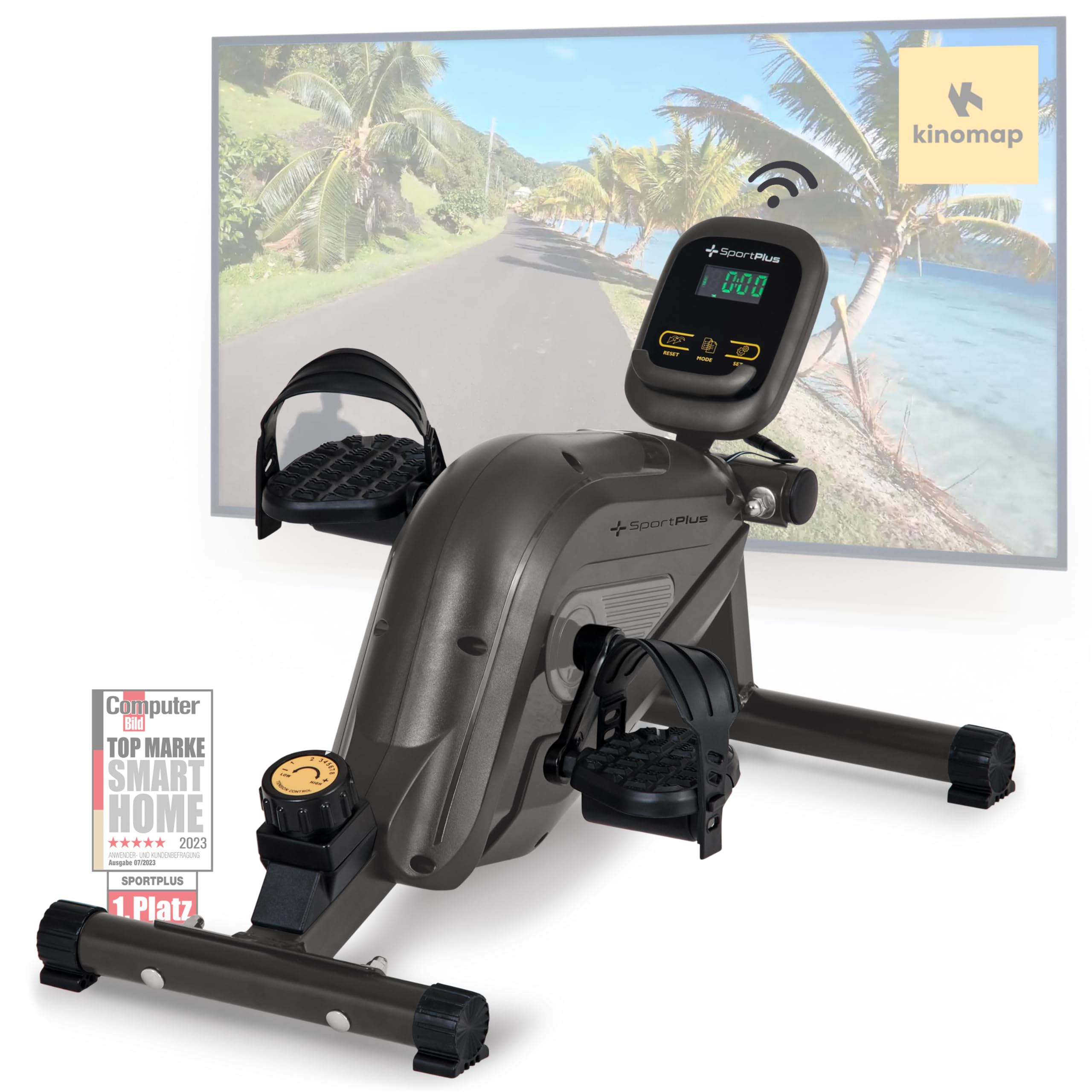 SportPlus Beintrainer für zuhause & Büro, Mini-Heimtrainer mit Magnet-Bremse & 8 Widerstands-Stufen, Mini Fitnessbike mit Trainingscomputer, extra breite Pedale, App kompatibel