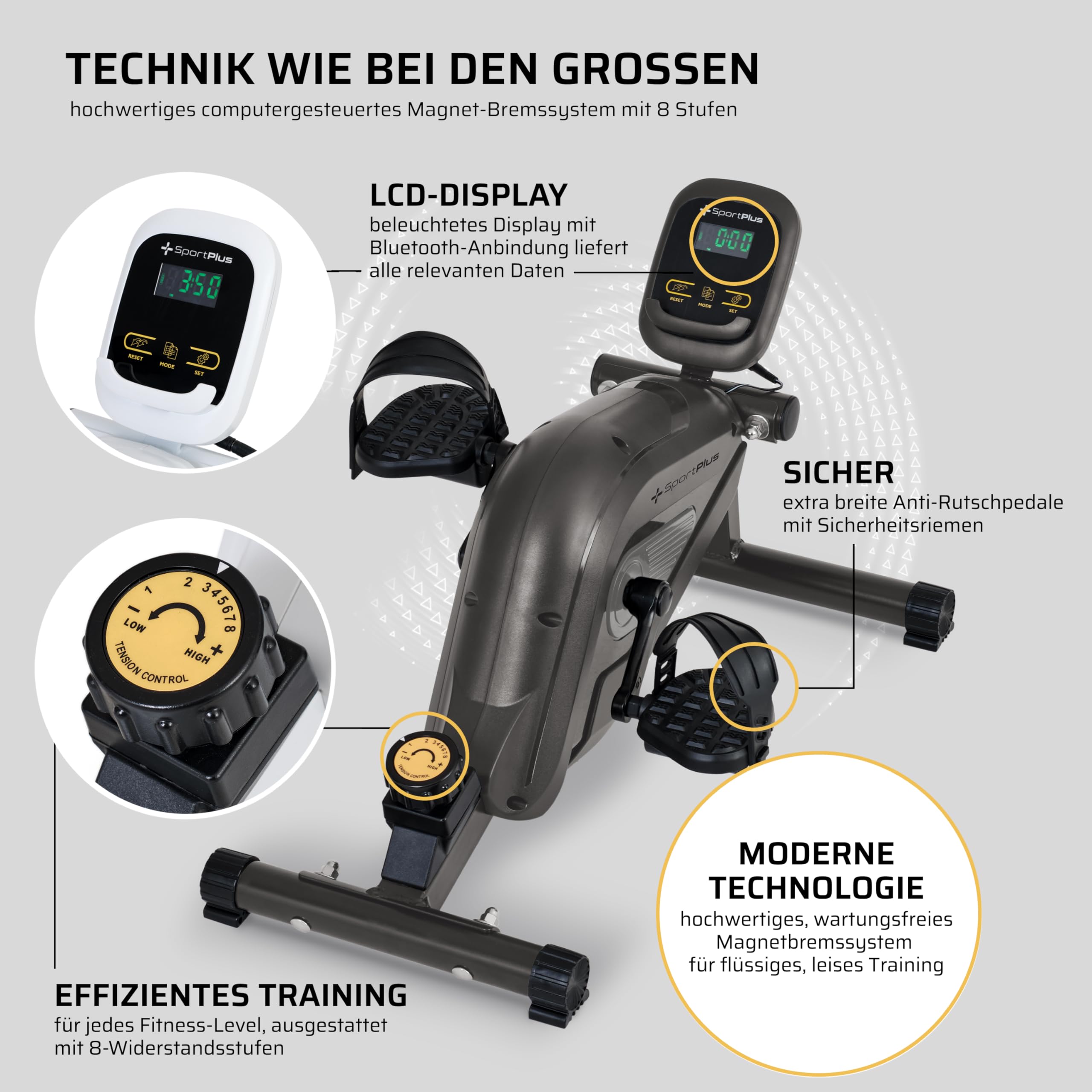 SportPlus Beintrainer für zuhause & Büro, Mini-Heimtrainer mit Magnet-Bremse & 8 Widerstands-Stufen, Mini Fitnessbike mit Trainingscomputer, extra breite Pedale, App kompatibel