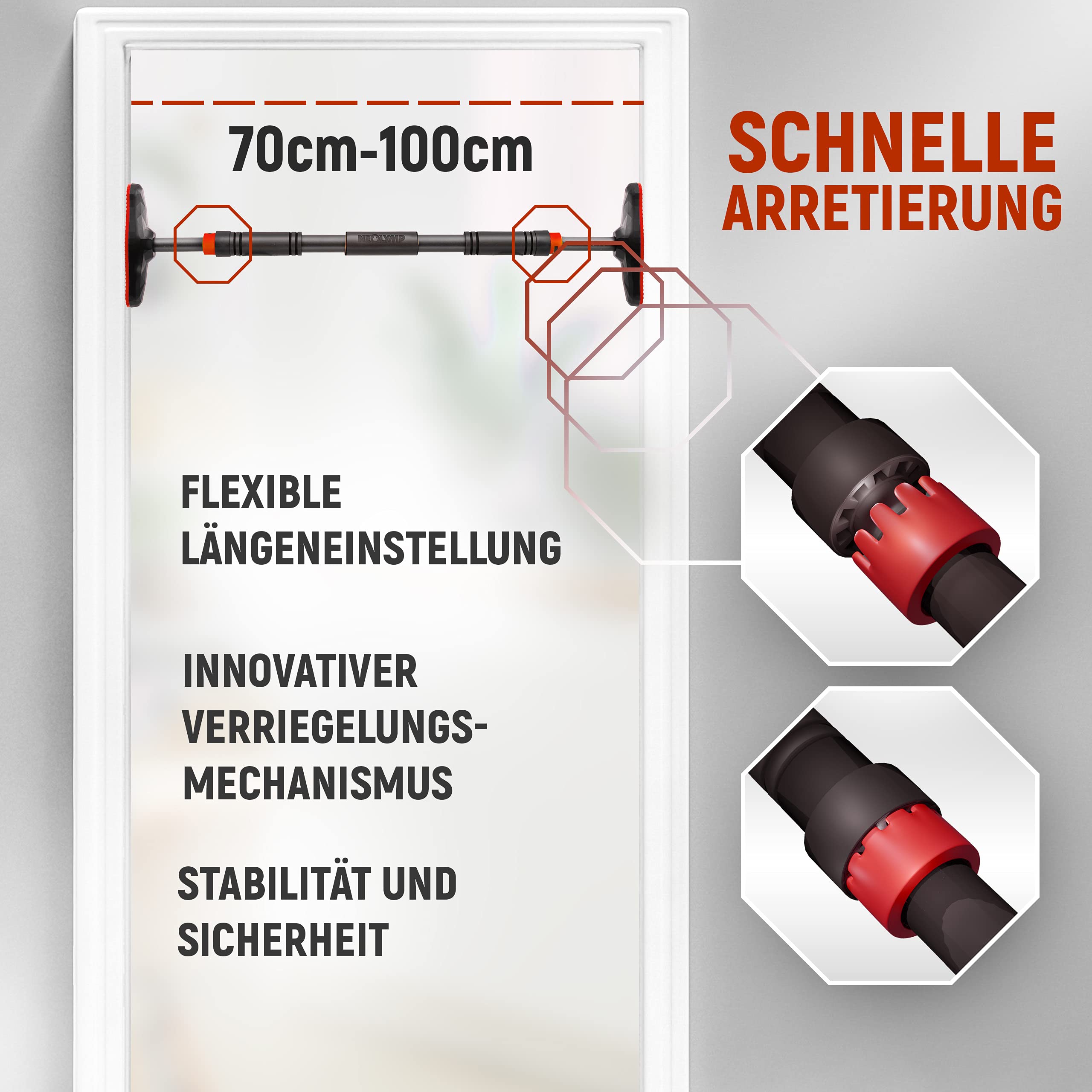 NEOLYMP Klimmzugstange Türrahmen ohne Schrauben mit Pull up Bar E-Book - Klimmzugstange verstellbar 70-100 cm mit Gewindesperre für sicheren Halt bis zu 200kg (Rot)