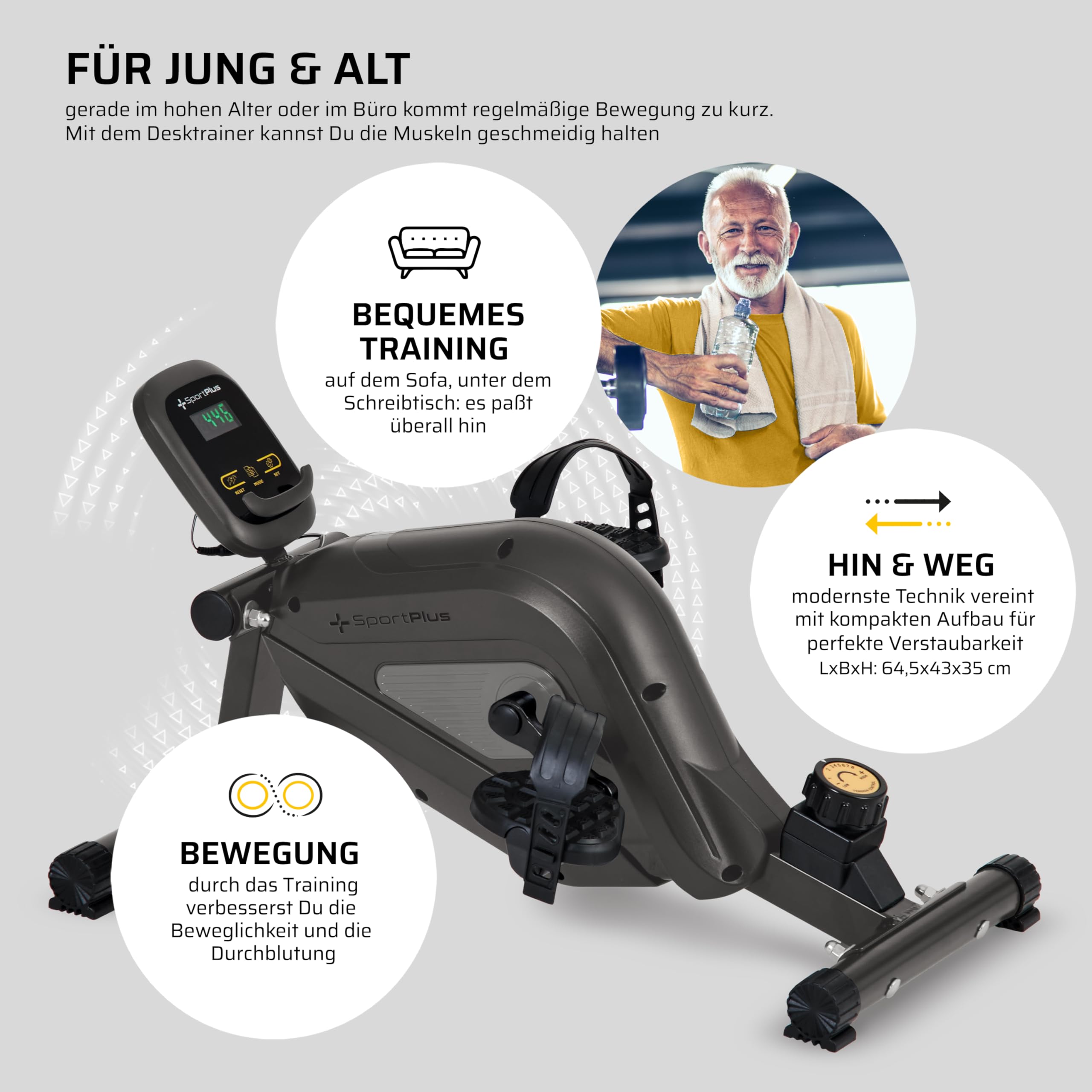 SportPlus Beintrainer für zuhause & Büro, Mini-Heimtrainer mit Magnet-Bremse & 8 Widerstands-Stufen, Mini Fitnessbike mit Trainingscomputer, extra breite Pedale, App kompatibel