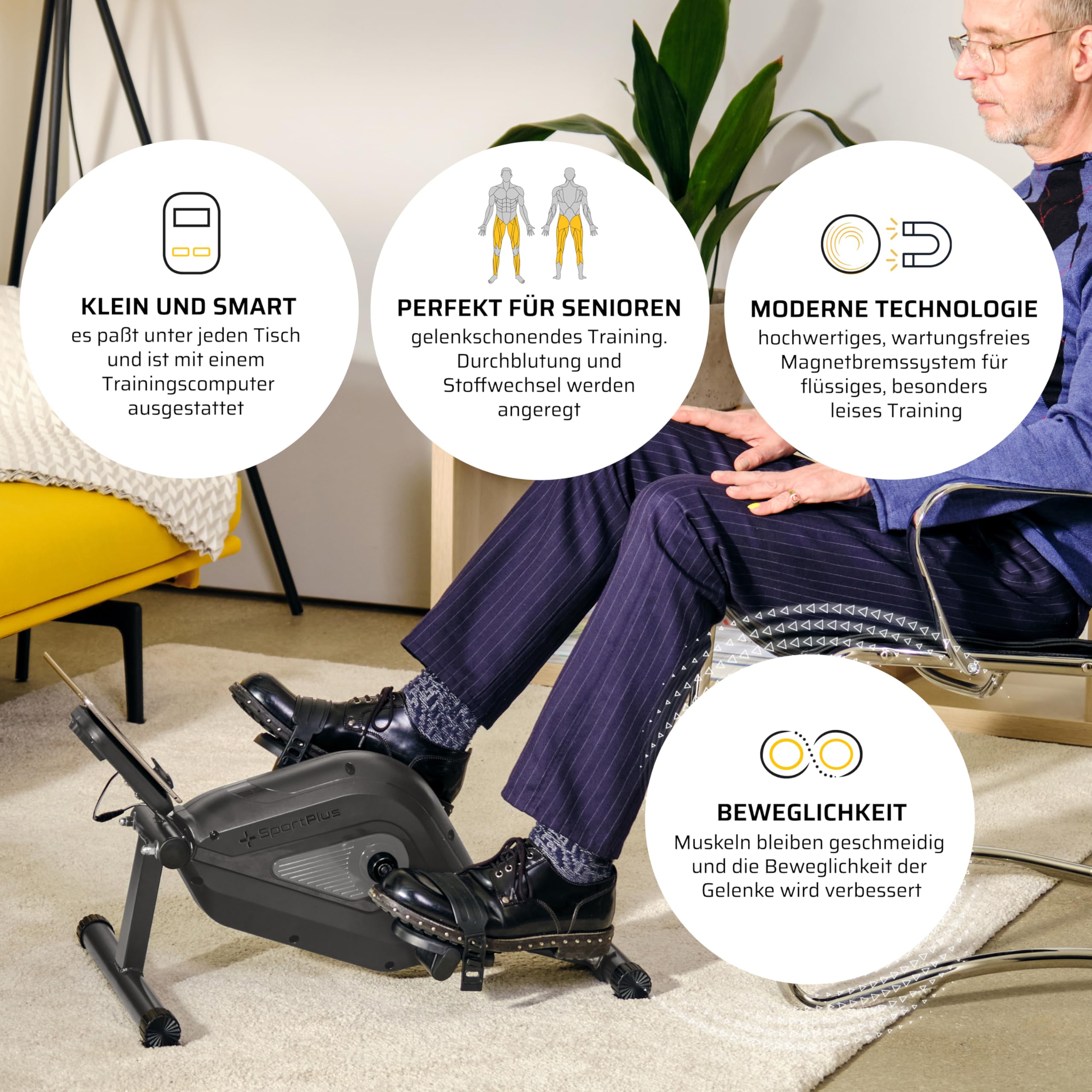 SportPlus Beintrainer für zuhause & Büro, Mini-Heimtrainer mit Magnet-Bremse & 8 Widerstands-Stufen, Mini Fitnessbike mit Trainingscomputer, extra breite Pedale, App kompatibel