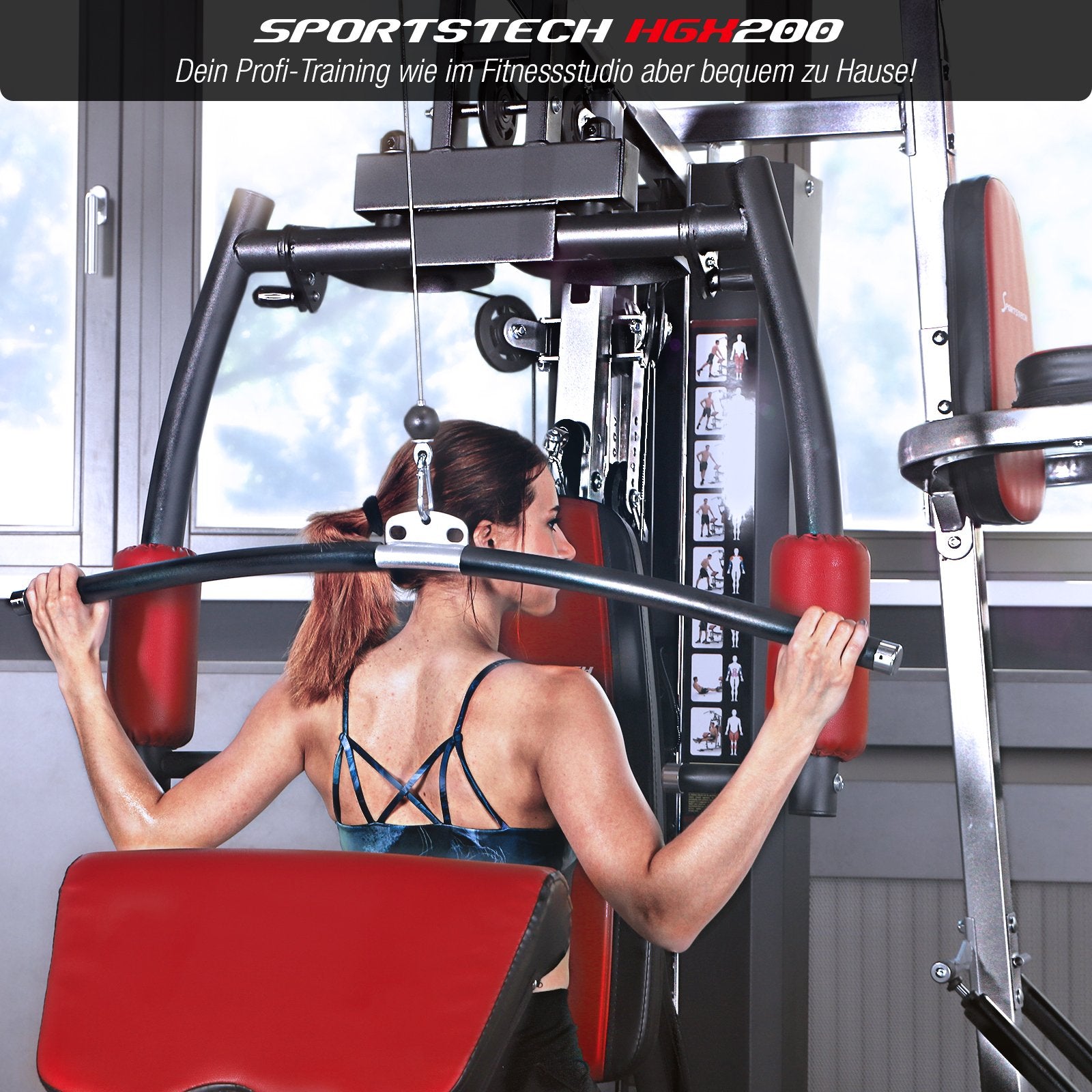 Kraftstation HGX150/HGX200, bis zu 80kg, Deutsche Qualitätsmarke, Bodybuilding Sportstech Multifunktions-Homegym mit Stepper und Powertower oder Beinpresse, Fitnessstation für Zuhause
