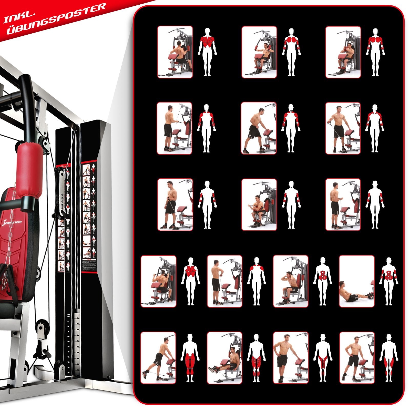 Kraftstation HGX100/HGX150/HGX200/HGX300, bis zu 80kg, Deutsche Qualitätsmarke, Bodybuilding Sportstech Multifunktions-Homegym mit Stepper und Powertower oder Beinpresse, Fitnessstation für Zuhause