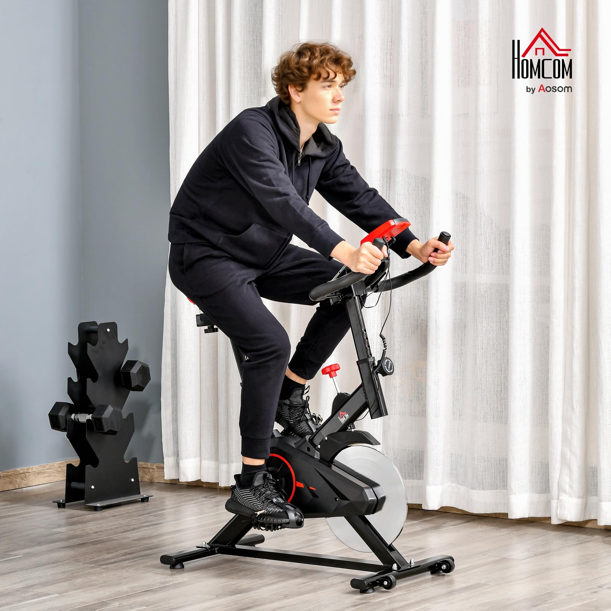 HOMCOM Heimtrainer Fahrrad, Fitness Fahrrad mit Pulsmesser, LCD Display, Ipad Halter, Einstellbar Sitz & Widerstand, Fahrradtrainer Fitnessfahrrad für Zuhause, Indoor Kardio Training 85 x 46 x 114 cm