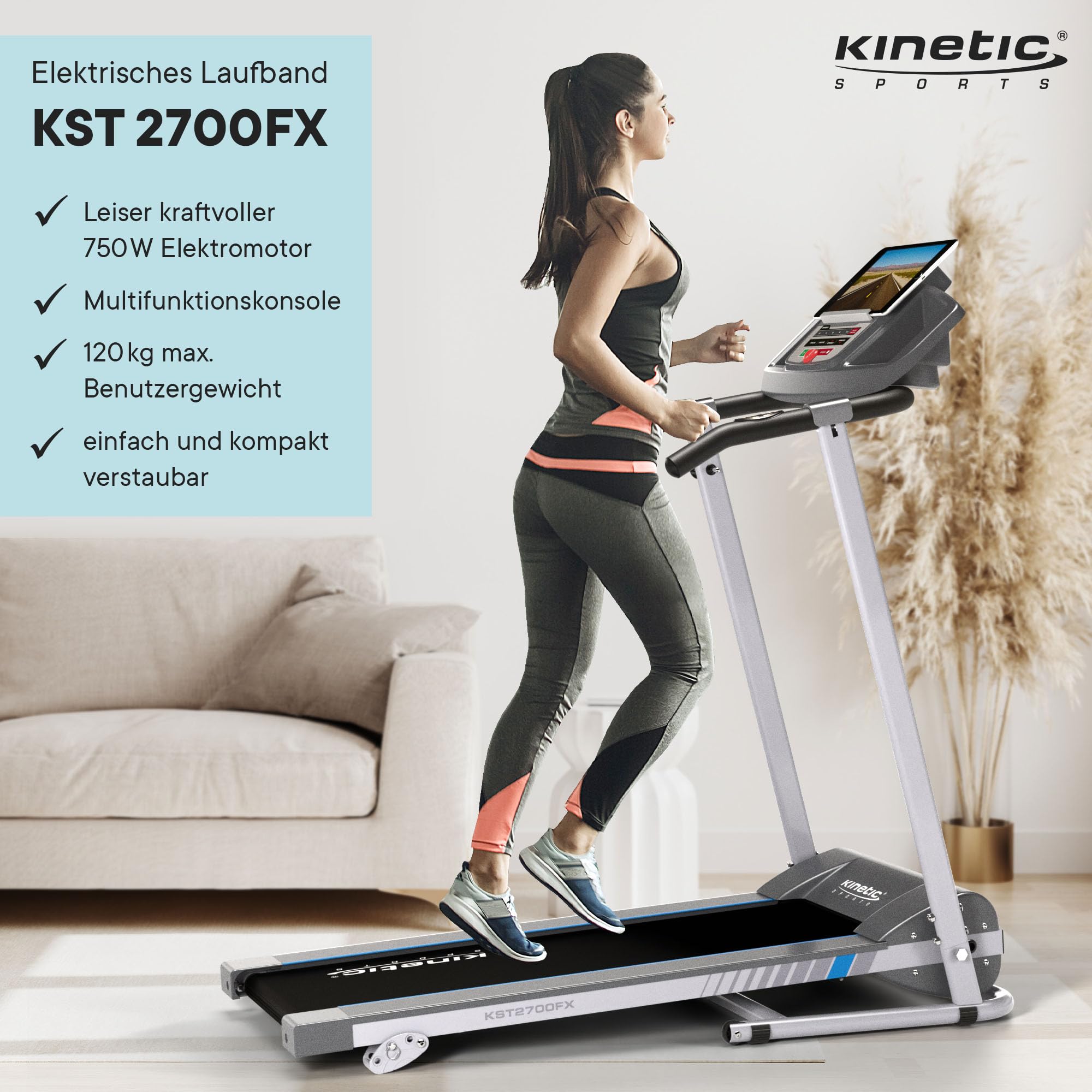 KINETIC SPORTS Elektrisches Laufband KST2700FX, Klappbares Laufband für Zuhause bis 10 km/h - Kraftvoller 1PS Motor, Tablet-Halterung, 12+1 Programme, LCD-Display, GEH- und Lauftraining, bis 120 kg