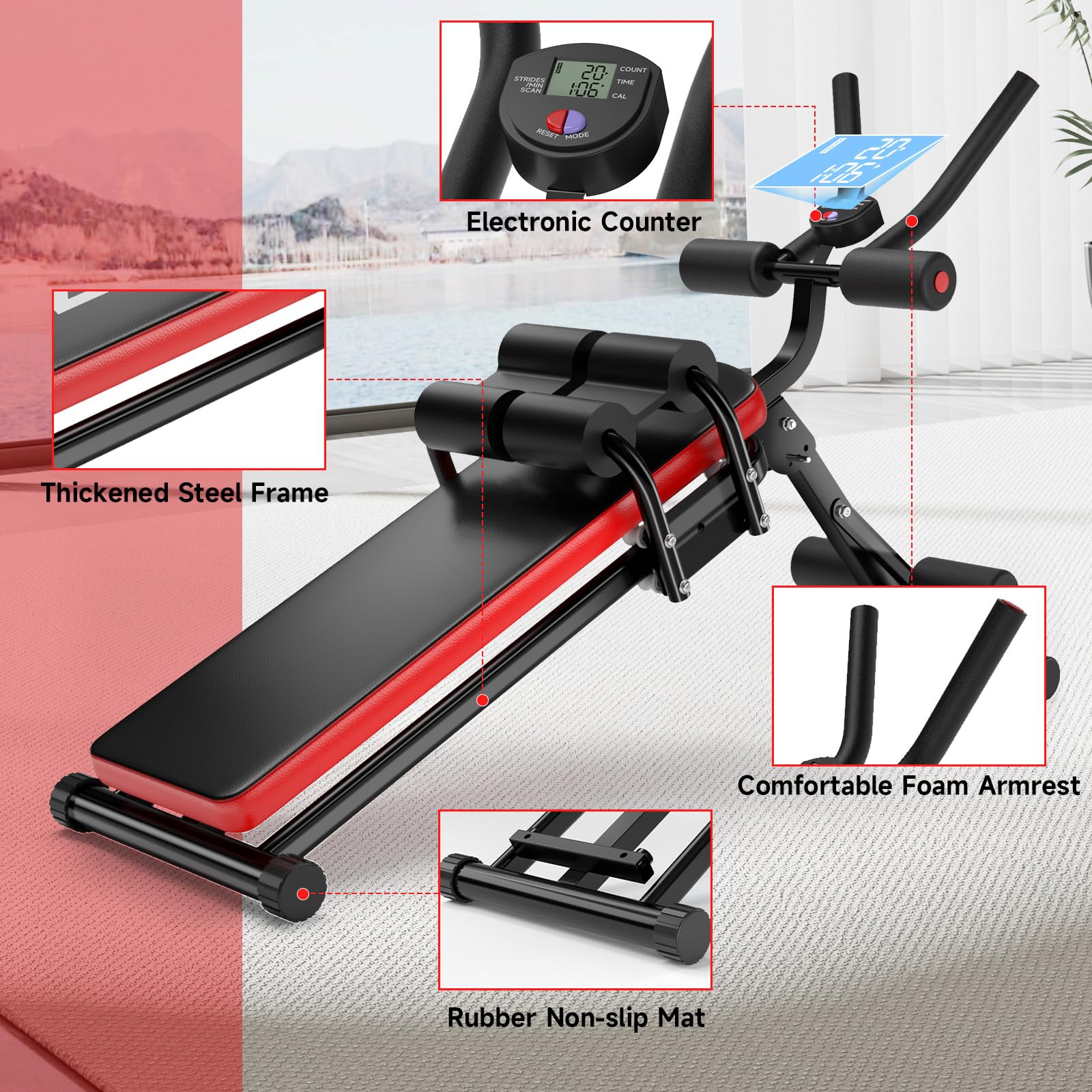 Bauchtrainer Bauchmuskeltrainer für Zuhause Multifunktionale Trainingsgerät für Ganzkörpertraining Abdominal Ab Machine mit LCD-Monitor Bauchmuskeltrainer Bauchmuskeltraining bis 150kg