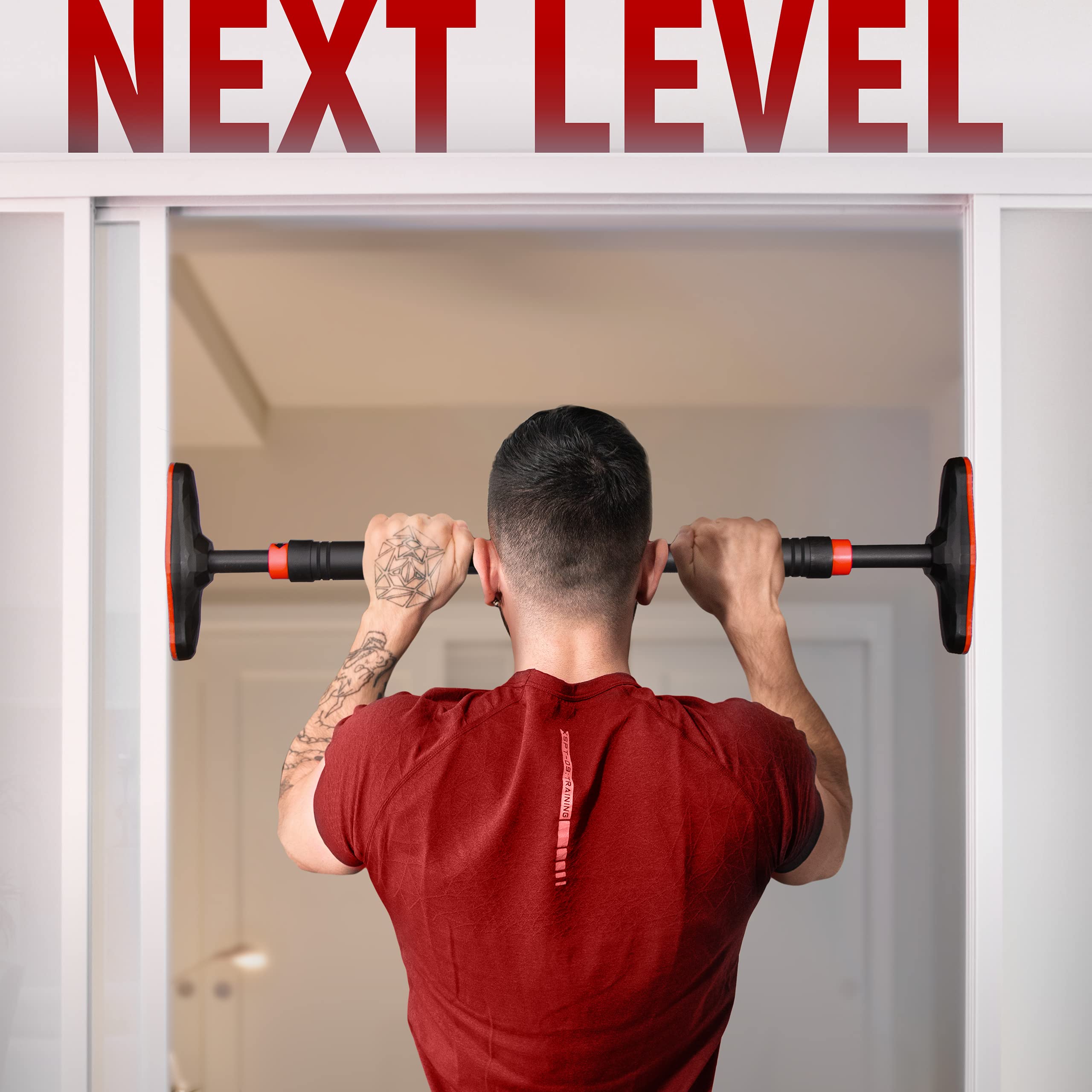 NEOLYMP Klimmzugstange Türrahmen ohne Schrauben mit Pull up Bar E-Book - Klimmzugstange verstellbar 70-100 cm mit Gewindesperre für sicheren Halt bis zu 200kg (Rot)