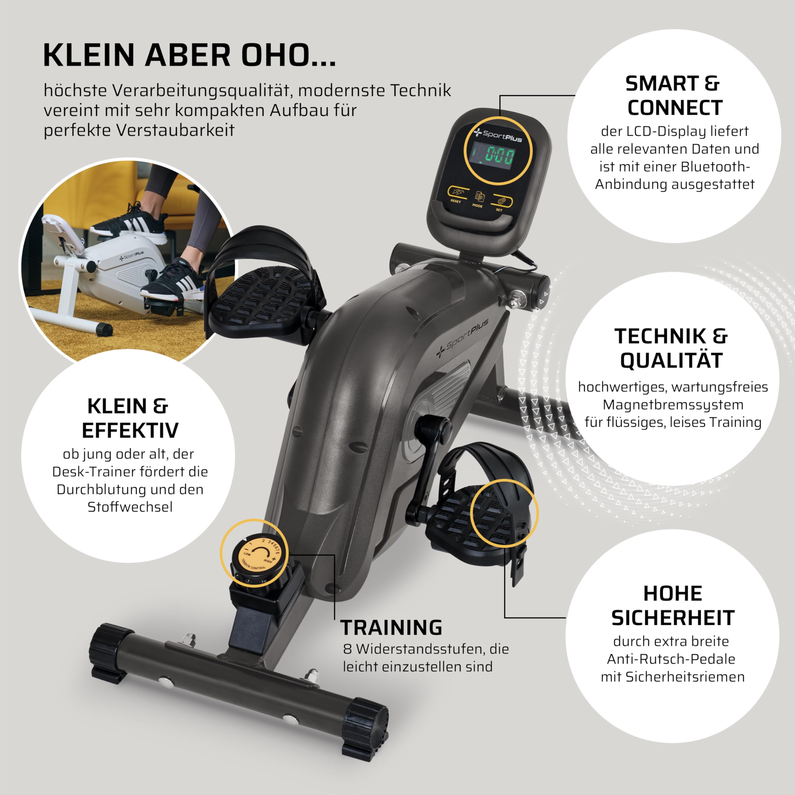 SportPlus Beintrainer für zuhause & Büro, Mini-Heimtrainer mit Magnet-Bremse & 8 Widerstands-Stufen, Mini Fitnessbike mit Trainingscomputer, extra breite Pedale, App kompatibel