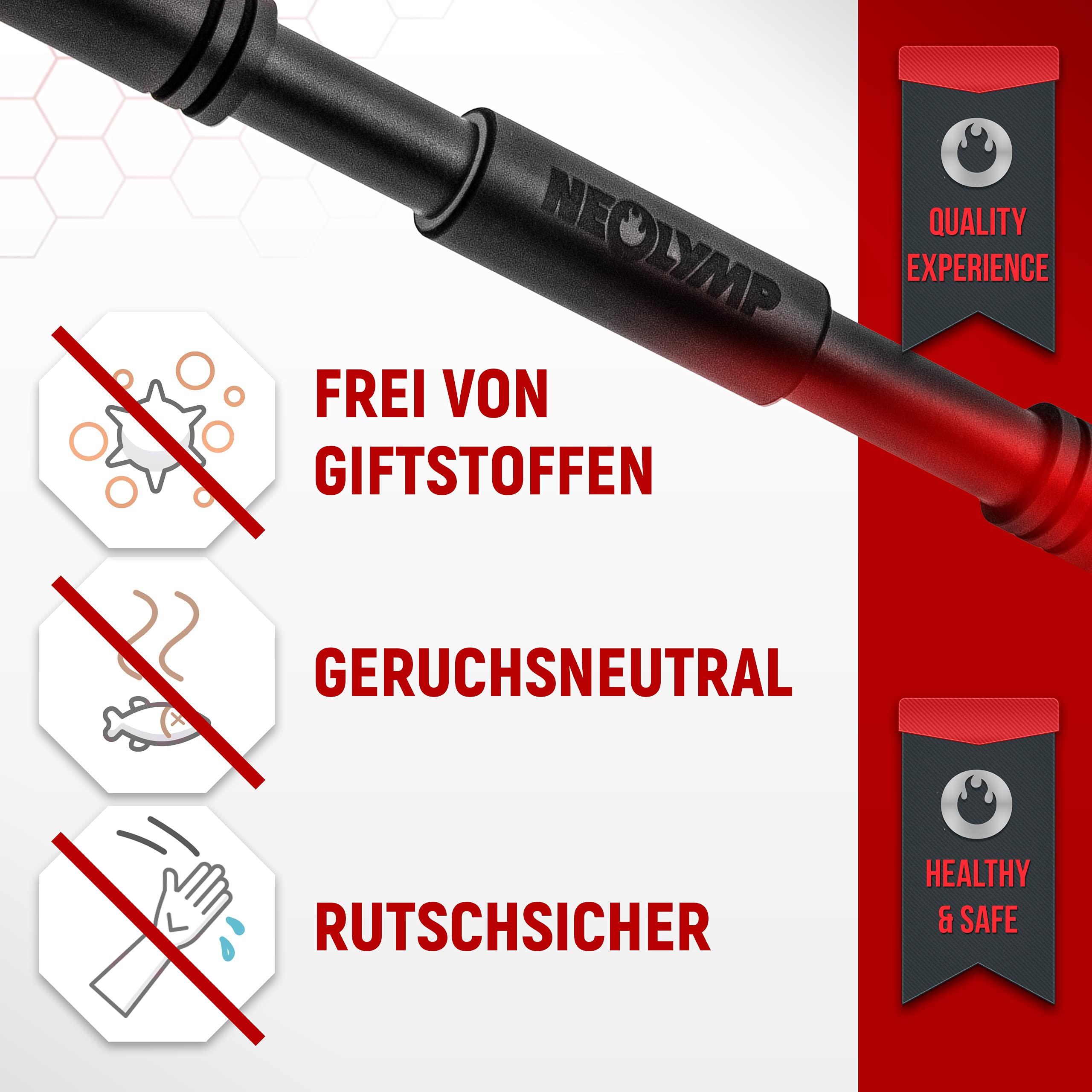 NEOLYMP Klimmzugstange Türrahmen ohne Schrauben mit Pull up Bar E-Book - Klimmzugstange verstellbar 70-100 cm mit Gewindesperre für sicheren Halt bis zu 200kg (Rot)