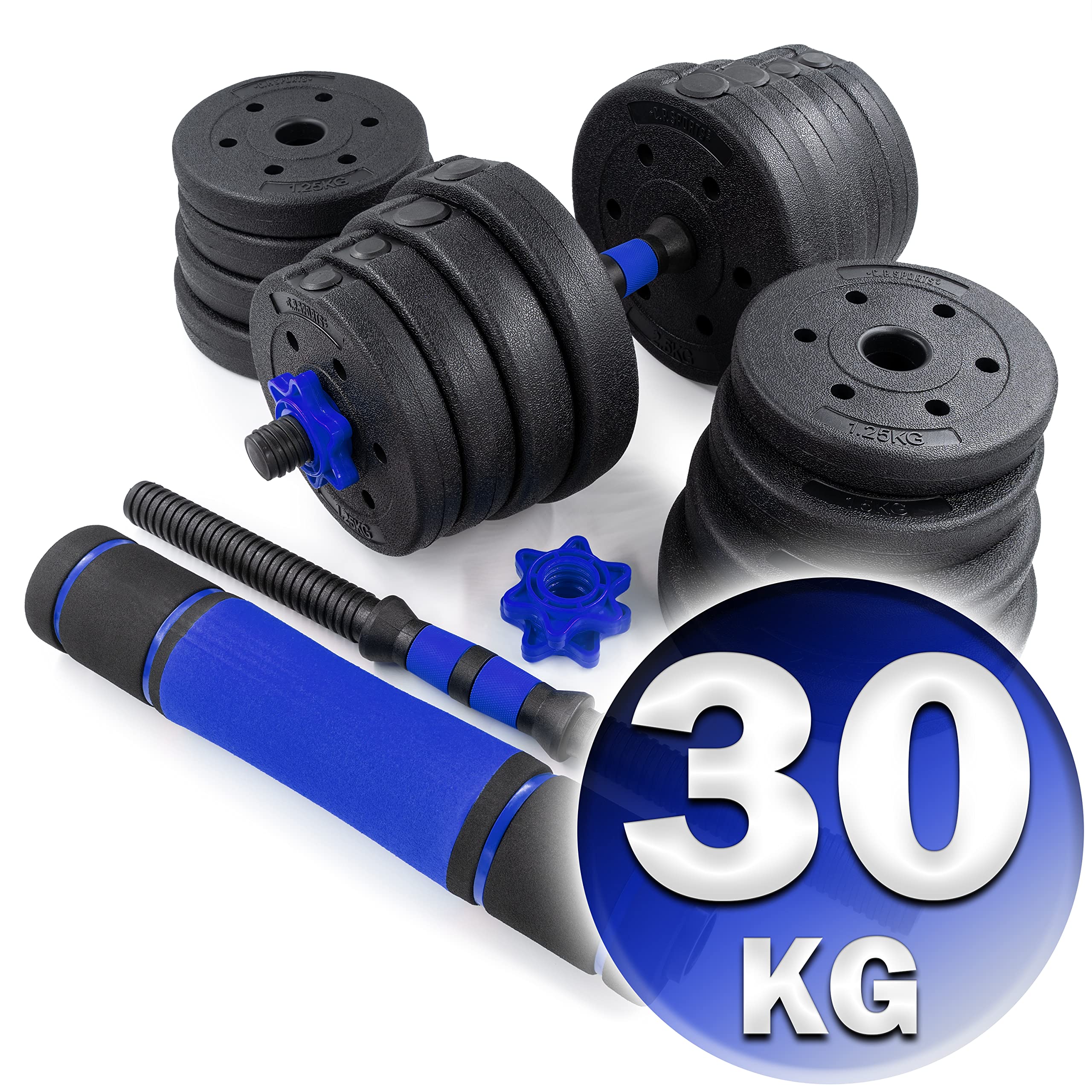 C.P.Sports 2in1 Kurzhantel & Langhantel Set 30kg / 40kg | Hantelscheiben – Gewichte – Hantelstangen | verstellbare Hanteln – Hantelset für Krafttraining, Fitness, Home Gym (blau-schwarz )